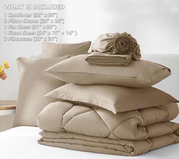 CozyLux Full Size Comforter Sets Taupe - 7 Pieces Bed in a Bag Full, Luxury Soft Bed Set for All Seasons, Bedding Set with Down Alternative Comforter, Sheets, Pillowcases & Shams