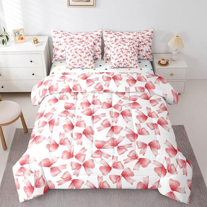 Feelyou Red Bow Comforter Set with Sheets Full Size Kids Bowknot 7 Pieces Bedding Set for Boys Girls Teens Gift for Girls Women Bed in a Bag Breathable Princess Décor Bed Set