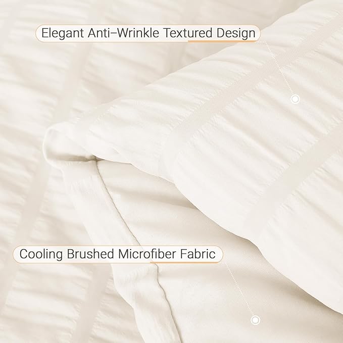 MUXHOMO 7 Pieces King Comforter Set, Seersucker Bed in a Bag King Size, All Season Luxury Bedding Set with Comforter, Flat Sheet, Fitted Sheet, Pillowcases & Shams, Ivory