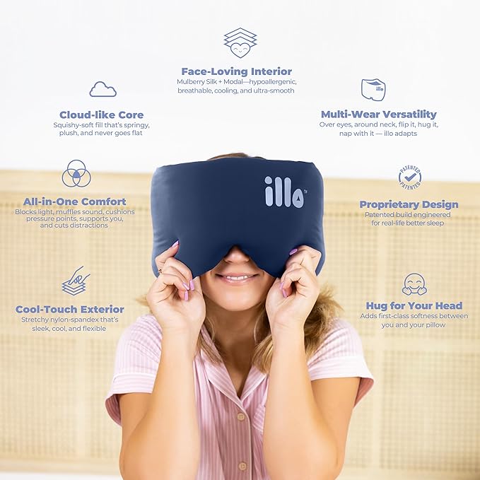 illo Wearable Pillow Sleep Mask | Soft Mulberry Silk Blackout Sleeping & Napping Eye Mask | Best for Home Bed, Work, Camping, Airplane, Side Sleeper | Reversible as Travel Neck Pillow | Women & Men