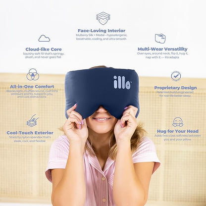 illo Wearable Pillow Sleep Mask | Soft Mulberry Silk Blackout Sleeping & Napping Eye Mask | Best for Home Bed, Work, Camping, Airplane, Side Sleeper | Reversible as Travel Neck Pillow | Women & Men