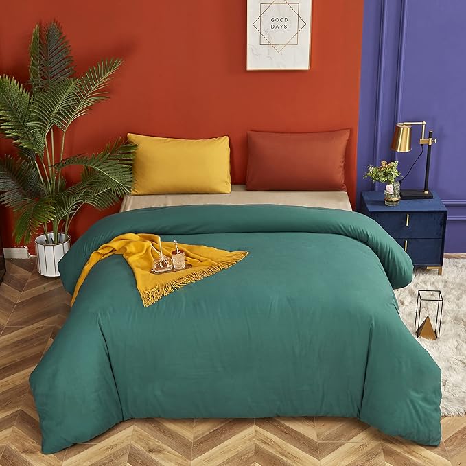 Luxlovery Emerald Green Comforter Set Queen Dark Green Bedding Comforter Set Modern Solid Forest Green Cotton Blanket Quilts Cozy Soft Breathable 1 Comforter with 2 Yellow/Caramel Pillowcases