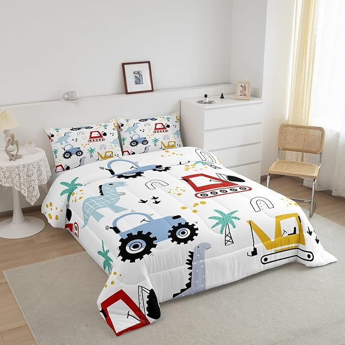 jejeloiu Kids Cartoon Dinosaur Bedding Set King Size Cartoon Car Comforter Set for Boys Girls Construction Excavator Duvet Set Jungle Dino Quilt Set 3Pcs