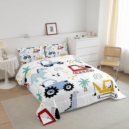 jejeloiu Kids Cartoon Dinosaur Bedding Set King Size Cartoon Car Comforter Set for Boys Girls Construction Excavator Duvet Set Jungle Dino Quilt Set 3Pcs