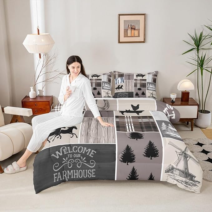 Erosebridal Kids Horse Bedding Set, Western Farmhouse Windmill Comforter Set Rustic Cabin Decor, Southwestern Cowboy Horseshoe Quilt King for Boys Teens Adult, Grid Plaid Patchwork Down Comforter