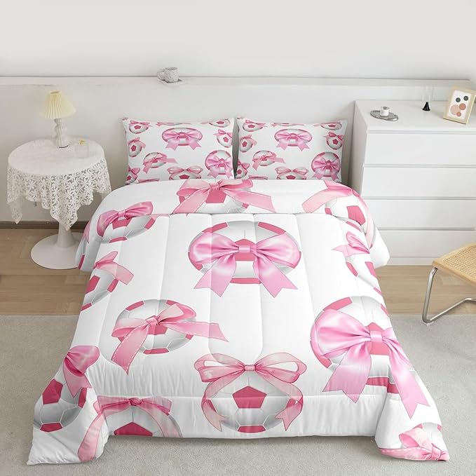 Bowknot Soccer Comforter Sets Full Size,Pink Bow Knot Print Bedding Set 3Pcs for Kids Girls Women Room Decor,Ball Sport Games Theme Quilted Duvet Cute Cartoon Girly Down Comforter,2 Pillowcases