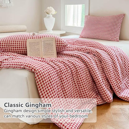 NSNLGSGC Red Gingham Cotton Comforter Set Queen, 100% Washed Cotton Plaid Checked Comforter Bedding, 3 Pieces Vintage Farmhouse Grid Bedding Set(Red Gingham, Queen)