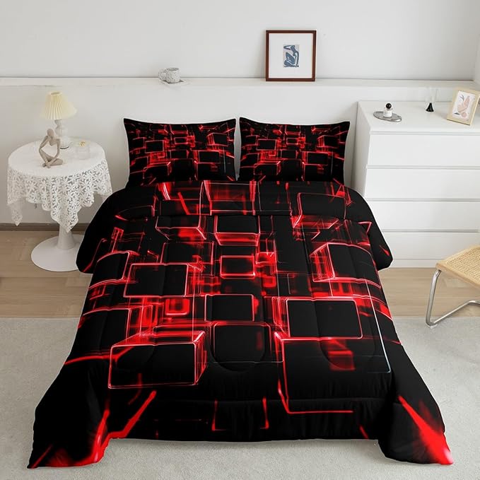 Erosebridal Fire Red and Black Kids Comforter Set Queen, Modern Geometric Square Bedding for Boys Girls Gradient Neon Light Honeycomb Duvet Set Soft Microfiber Quilt with 2 Pillowcases