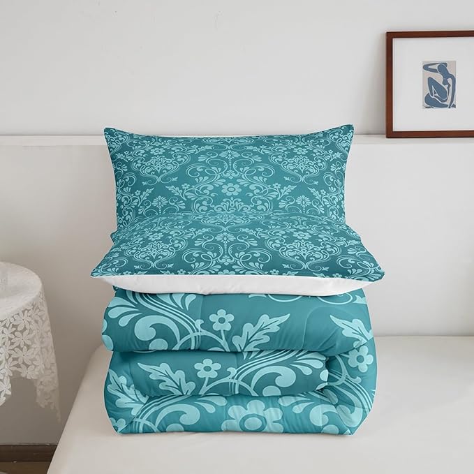 Feelyou Adults Teal Vintage Damask Floral Comforter Set Oriental Antique Comforter Twin Size Gothic Bohemia Boho Flower Bedding Set Bohemian Exotic Duvet Set Quilt Set 2Pcs