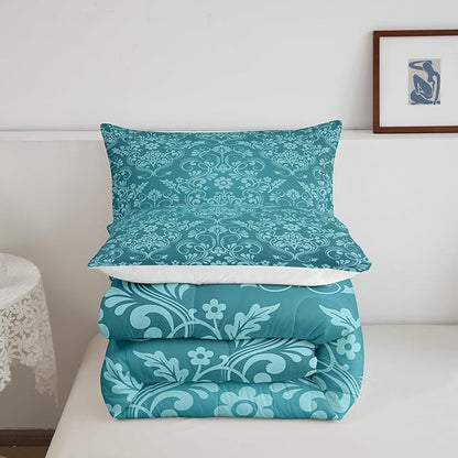 Feelyou Adults Teal Vintage Damask Floral Comforter Set Oriental Antique Comforter Twin Size Gothic Bohemia Boho Flower Bedding Set Bohemian Exotic Duvet Set Quilt Set 2Pcs