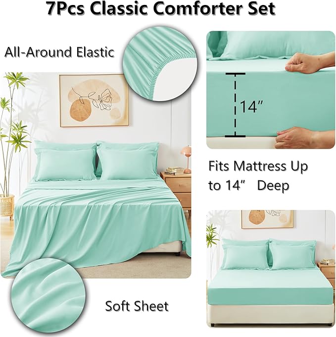 CozyLux Full Size Comforter Sets Mint Green - 7 Pieces Bed in a Bag Full, Luxury Soft Bed Set for All Seasons, Bedding Set with Down Alternative Comforter, Sheets, Pillowcases & Shams