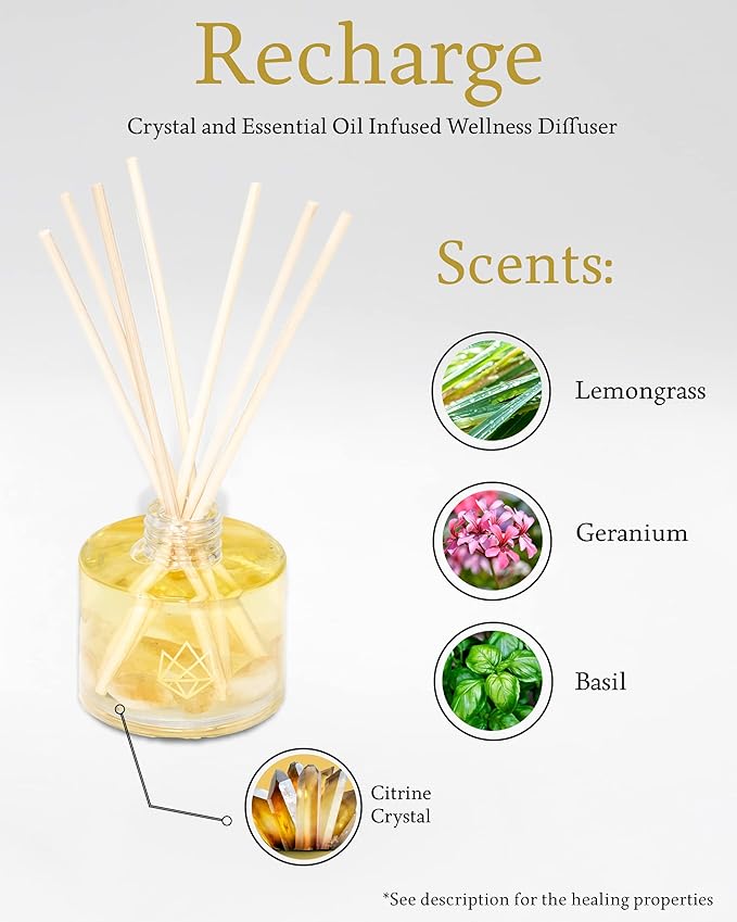 Citrine Crystal Infused Reed Diffuser, 4 OZ, Recharge - Scents of Lemongrass, Geranium & Basil for Inspiration & Creativity - Perfect for Meditation Spaces, Yoga Studios, Bedside Tables
