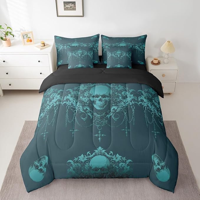 Erosebridal Gothic Bed in a Bag Queen Comforter Set 7 Piece,Goth Sugar Skull Bedding Set,Teal Turquoise Damask Bohemian Vintage Floral Comforter and Sheet Set,Exotic Antique Victorian Baroque Decor