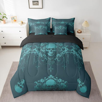 Erosebridal Gothic Bed in a Bag Queen Comforter Set 7 Piece,Goth Sugar Skull Bedding Set,Teal Turquoise Damask Bohemian Vintage Floral Comforter and Sheet Set,Exotic Antique Victorian Baroque Decor