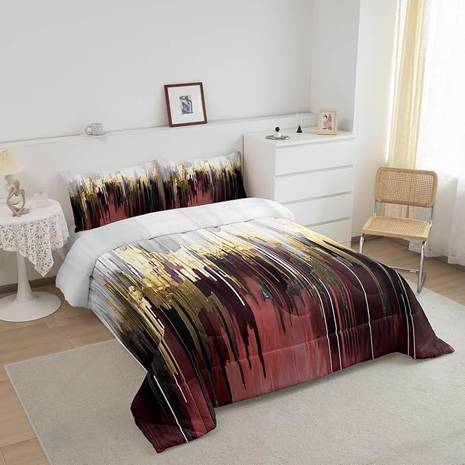 Burgundy Red Bedding Set King Gradient Stripe Comforter Set, Modern Oil Painting Graffiti Duvet Insert Watercolor Abstract Artwork Quilt Sets, Aesthetic Metallic Golden Bedding Comforters & Sets 3pcs