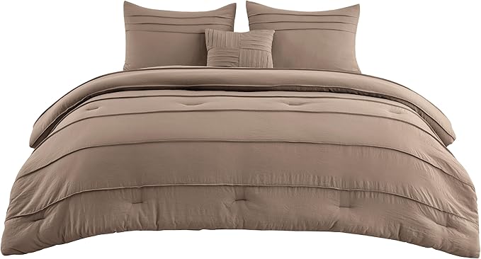 Bedsure Queen Comforter Set - 4 Pieces Pinch Pleat Bed Set, Brown Boho Bedding for All Season, 1 Soft Comforter, 2 Pillowcases, 1 Decorative Pillow