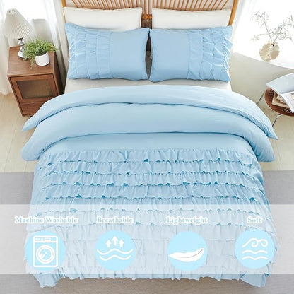 PERFEMET Ruffles Comforter Set 3 Pieces Light Blue Twin Comforter Set Shabby Chic Bedding Sets for Women Teen Girls Fluffy for All Season