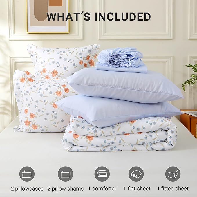 MUXHOMO Orange Blossom Bed in a Bag King 7 Pieces, King Comforter Set Reversible Botanical Flowers Design, Ultra Soft & Breathable Bedding Sets with Comforter, Sheets, Pillowcases & Shams