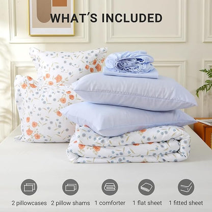 MUXHOMO Orange Blossom Full Comforter Set, Elegant Floral Print Bed in a Bag 7 Pieces, Ultra Soft & Breathable Reversible Botanical Pattern Bedding Set with Comforter, Sheets, Pillowcases, and Shams