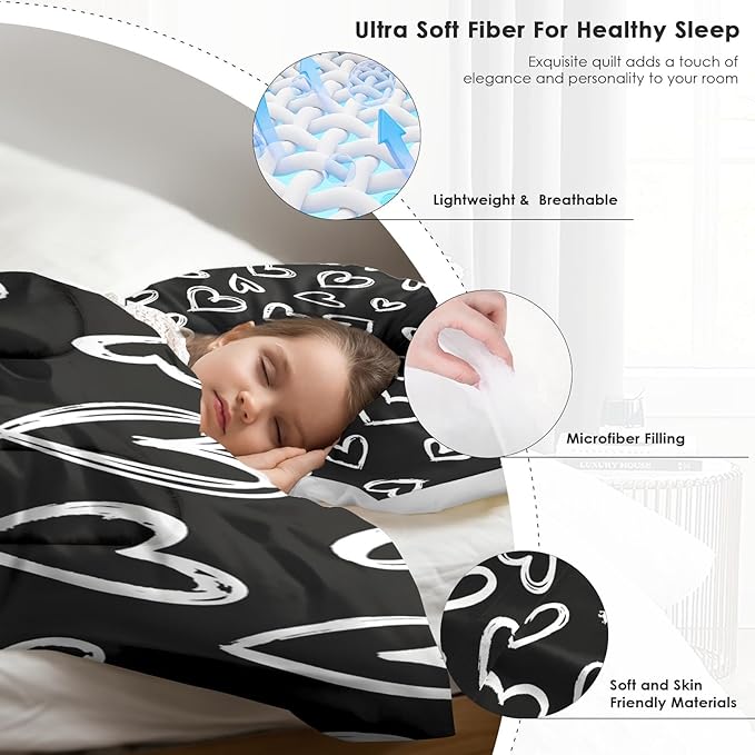 Comforter Set Full Size, Love Valentine Cute Soft 3 Pcs Bedding for Kids and Adults, Polka Heart Black White Comforter Set with 2 Pillowcases, for Bedroom Bed Decor