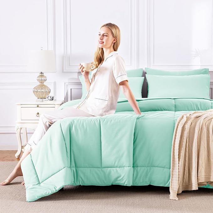 CozyLux Queen Comforter Set Mint Green, 7 Pieces Bed in a Bag, Green Comforter Queen Size, All Season Bedding Sets with Stitch Quilted Comforter, Flat Sheet, Fitted Sheet, Pillowcases