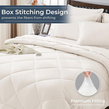 HEVUMYI Ivory Full Comforter Set - 7-Piece All Season Bed in a Bag Full, Ultra Soft Bedding Set with Comforter, Flat Sheet, Fitted Sheet, Pillowcases, Pillow Shams
