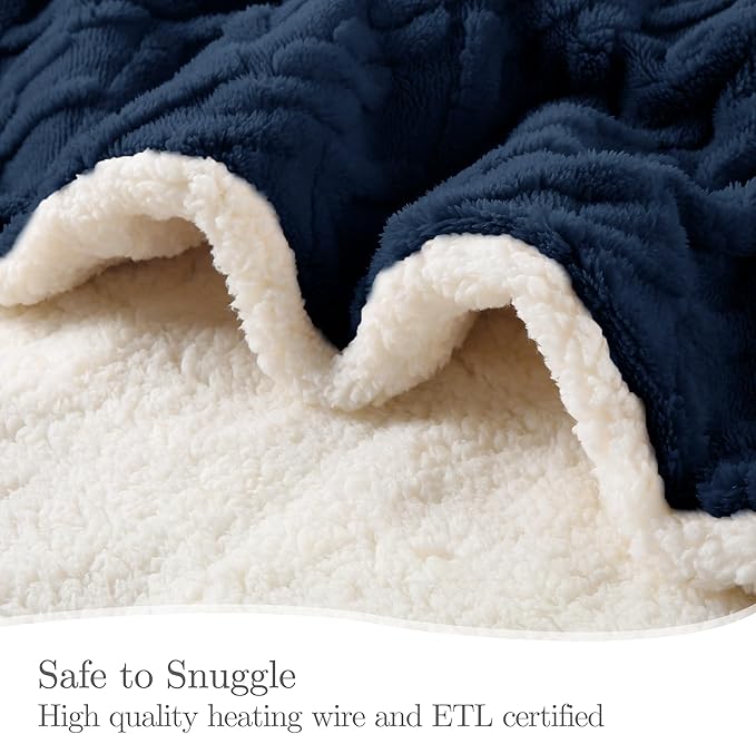 Heating Blanket Twin Size Extra-Thick and Warm Electric Blanket with 10 Hour Auto Off & 5 Heating Levels, 3D Pattern Design and Overheating Protection, Navy Blue
