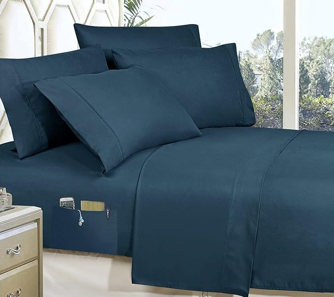 Luxury Best, Softest, Coziest 8-Piece Bed-in-a-Bag Comforter Set - Elegant Comfort - Silky Soft Bamboo Pattern Complete Set Includes Bed Sheet Set with Double Sided Storage Pockets, King, Navy Blue