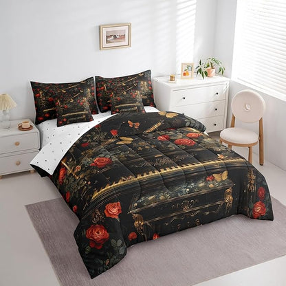 Erosebridal Vintage Piano Print Comforter Set Twin with Sheets,Music Themed Bedding Set Musical Instruments Decor for Home,7 Piece Butterfly Rose Flowers Bed in a Bag with Pillowcases & Shams