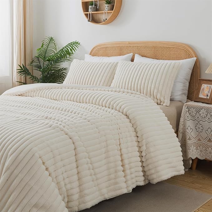 Lotus Karen Faux Fur Queen Comforter Set 3 Pieces – Soft Fluffy White Comforter Full Size, Vertical Striped Faux Rabbit Fur Fuzzy Warm Bedding Set（1 Comforter and 2 Pillowcases）