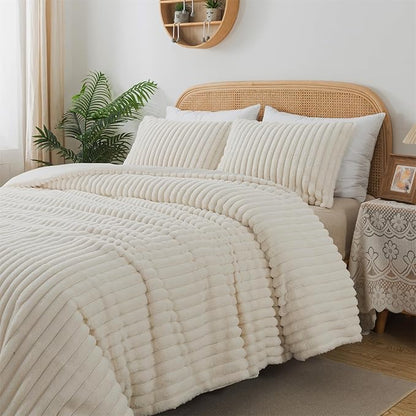 Lotus Karen Faux Fur Queen Comforter Set 3 Pieces – Soft Fluffy White Comforter Full Size, Vertical Striped Faux Rabbit Fur Fuzzy Warm Bedding Set（1 Comforter and 2 Pillowcases）