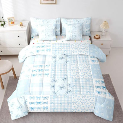 Feelyou Blue Bow King Comforter Set with Sheets for Kids Boys Girls Cute Bowknot 7 Pieces Bedding Set Princess Bow Bed in a Bag Kawaii Room Decor Soft Lightweight Microfiber