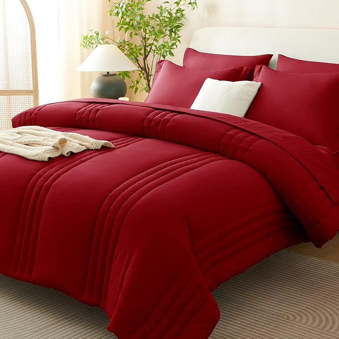 CozyLux Queen Comforter Set - 7 Pieces Bed in a Bag Dark Red Comforter Set with Sheets Luxury Bed Set All Seasons, Soft Bedding Set with Down Alternative Comforter, Sheets, Pillowcases & Shams