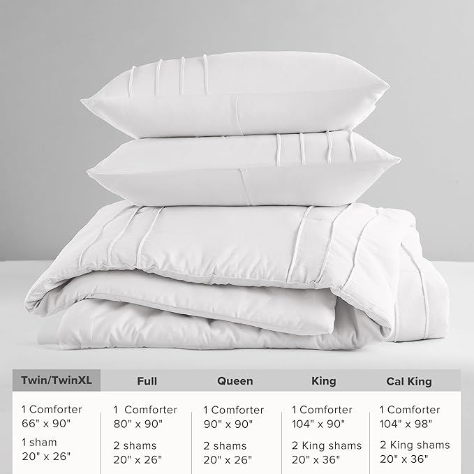 Comfort Spaces White Twin Size Comforter Set - 2 Pieces Pintuck Pleated Bedding Sets, All Season Lightweight, Extra Softness Pre-Washed Microfiber Bed Set, Shams