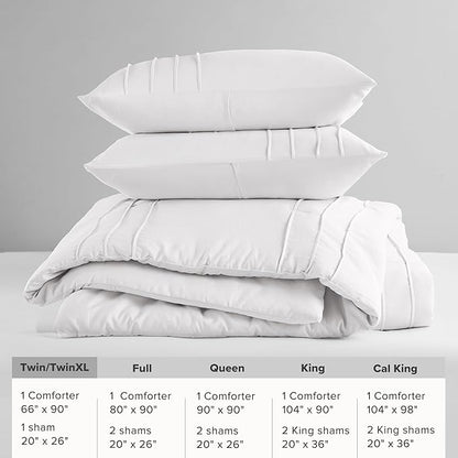 Comfort Spaces White Twin Size Comforter Set - 2 Pieces Pintuck Pleated Bedding Sets, All Season Lightweight, Extra Softness Pre-Washed Microfiber Bed Set, Shams