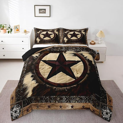 Erosebridal Cow Comforter Twin for Rustic Decor,Western Texas Star Bedding Set for Cowboy Cowgirl,Vintage Cowhide Duvet Insert,Farmhouse Highland Cow Down Comforter with 1 Pillowcase Bedroom Decor