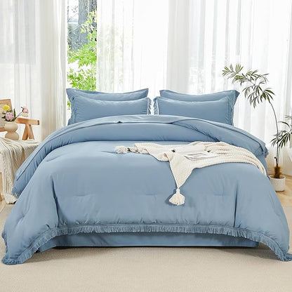 Andency California King Size Comforter Set with Sheets Grayish Blue - 7 Pieces Cal King Bed in a Bag Boho Bedding Sets, Bed Set with Comforter,Sheets, Pillowcases & Shams