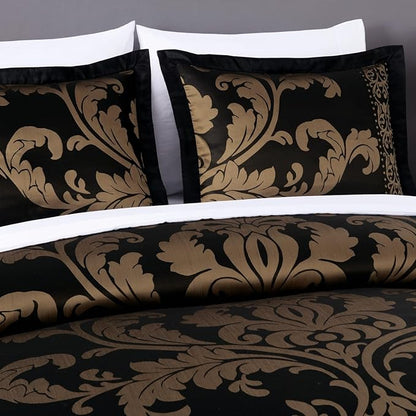 Chezmoi Collection Valor 7-Piece King Bed in a Bag, Black/Gold Luxury Jacquard Floral Comforter with Sheets Set for All Season