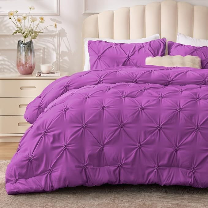 BEDELITE Purple King Size Comforter Set - 3 Pieces Boho Pintuck Bedding Comforter Sets, Lightweight Soft & Warm King Bedding Set with 2 Pillowcases for All Season