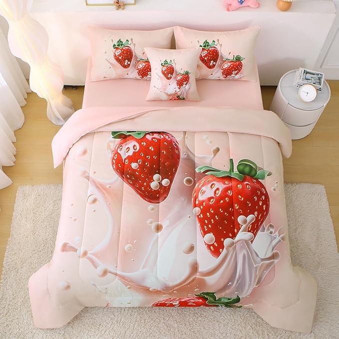 JQinHome Full Strawberry Themed Comforter Sets for Girls,6 Piece Bed in A Bag - All Season Soft Microfiber Strawberry Bedding Set, with Sheet Sets