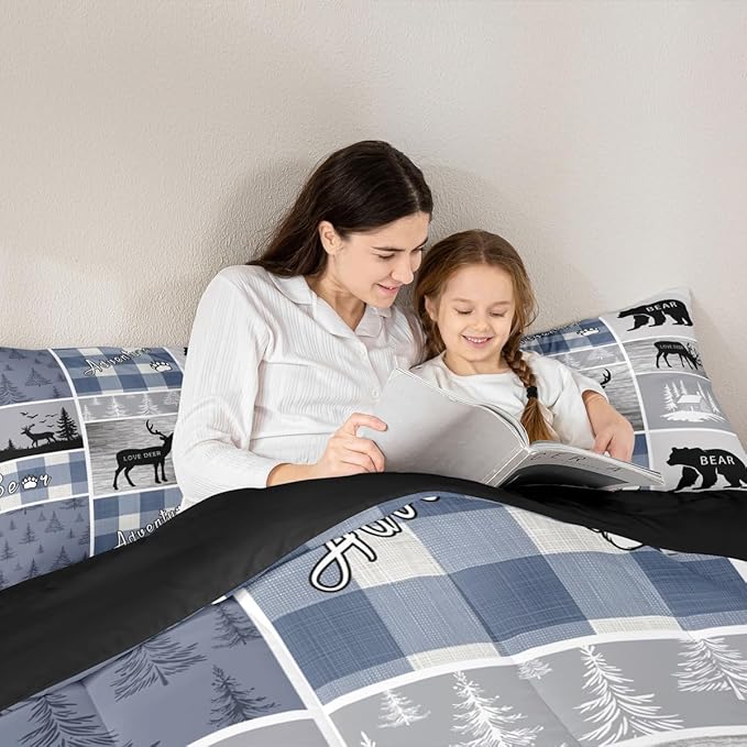 Erosebridal Kids Deer Bear Comforter Set, Rustic Farmhouse Quilt Vintage Adventure Camping Bedding Queen Size for Boys Teens Adult,Retro Cabin Lodge Plaid Duvet Insert Deer Gifts for Girls,Blue Grey