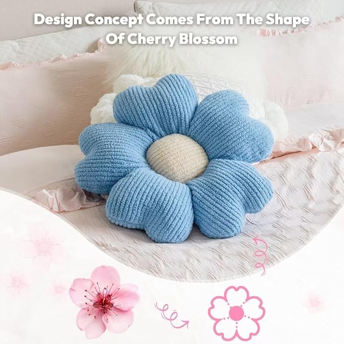 Sioloc Flower Throw Pillow, Cute Daisy Floor Seat Cushion, Aesthetic Fun Decorative Pillows for Bed Sofa Couch(SkyBlue,15.7Inch)