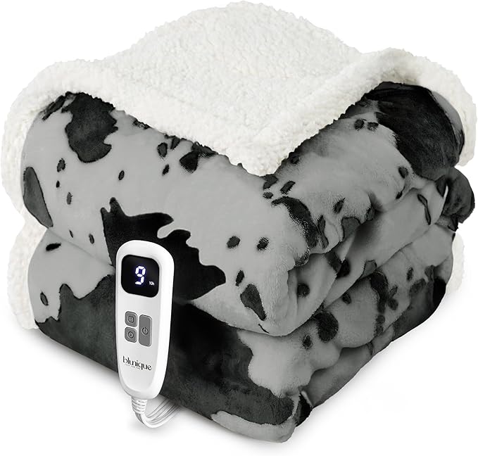 Cow Print Heated Throw Blanket Electric Blanket-Heating Blanket Throw with 10 Heat Levels & 10 Hours Auto-Off, Cozy Soft Fleece Sherpa, Washable, 50 x 60 Inches Cow Print Grey
