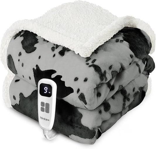 Cow Print Heated Throw Blanket Electric Blanket-Heating Blanket Throw with 10 Heat Levels & 10 Hours Auto-Off, Cozy Soft Fleece Sherpa, Washable, 50 x 60 Inches Cow Print Grey