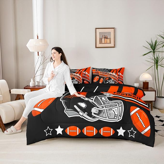 Feelyou Football 7 Pieces Comforter Sets King Size Kids Rugby Sports Bedding Set for All Season Football City Bed in a Bag with Comforter, Sheets, Pillowcases & Cushion Cover