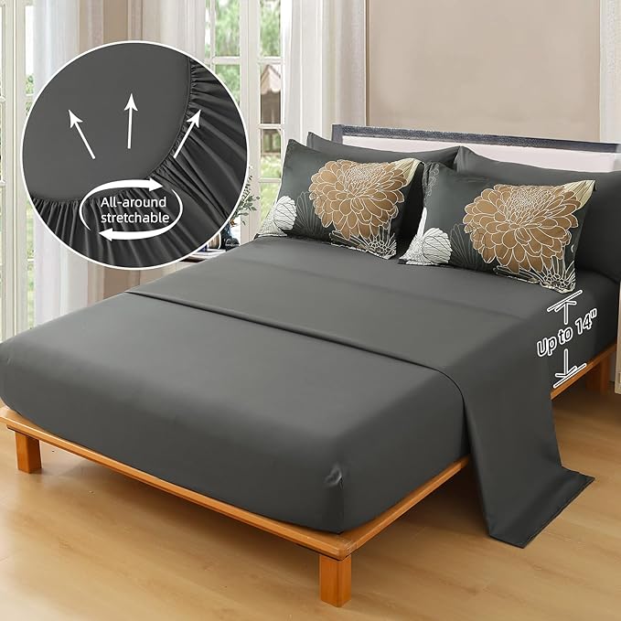 Yiran King Khaki Grey Brown Boho Comforter Set - 7 Pieces Floral Bedding Sets,Bed in a Bag Soft Microfiber Comforter with Flat Sheet Fitted Sheet Pillowshams Pillowcases