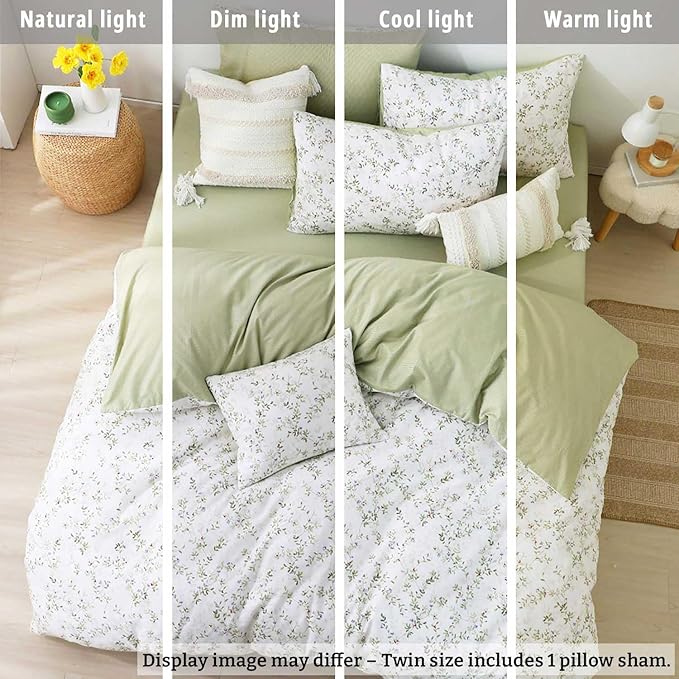 Botanical Cotton Comforter Twin Size - Tender Green Comforter Printed with Leafy Branches & Purple Stamens on Off-White,Reversible Lightweight Bedding Sets 2Pcs