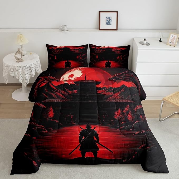Feelyou Dragon Comforter Set Toddler Size Japanese Style Comforter for Boys Girls Teens Samurai Bedding Set Sunset Duvet Set Room Decor Red Black Quilt Set