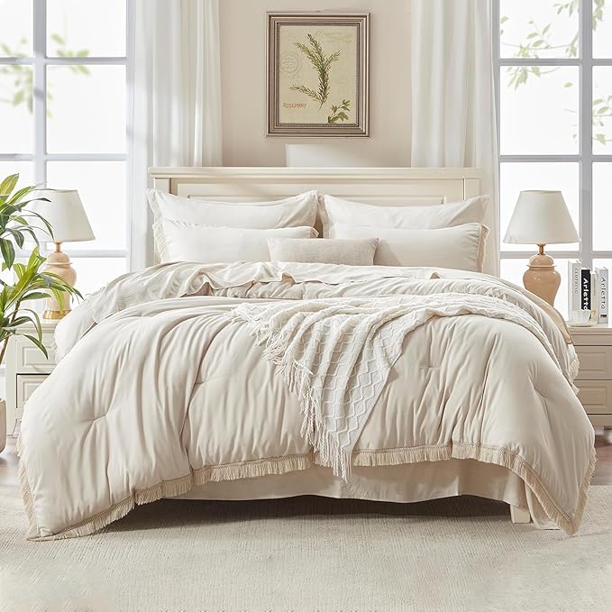 Andency Oversized King Comforter Set with Sheets 128x120 Beige - 7 Pieces Bed in a Bag Boho Soft Lightweight Bedding Sets, Tassel Bed Set with Comforter, Sheets, Pillowcases & Shams