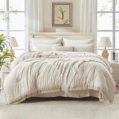 Andency Beige California King Size Comforter Set with Sheets - 7 Pieces Boho Tassel Bed in a Bag Soft Lightweight Bedding Sets, Fringe Bed Set with Comforter, Sheets, Pillowcases & Shams